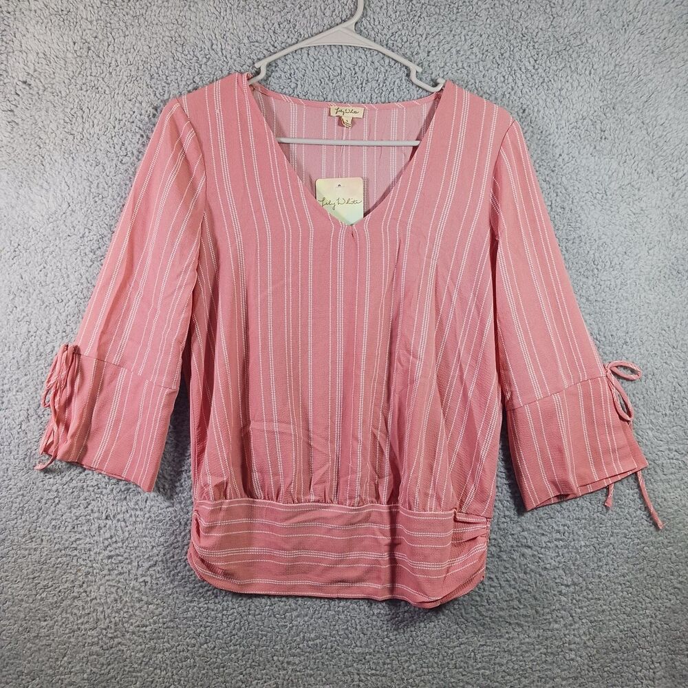 LILY WHITE PINK & WHITE PINSTRIPE V-NECK 3/4 SLEEVE BLOUSE WOMEN'S SIZE SMALL
